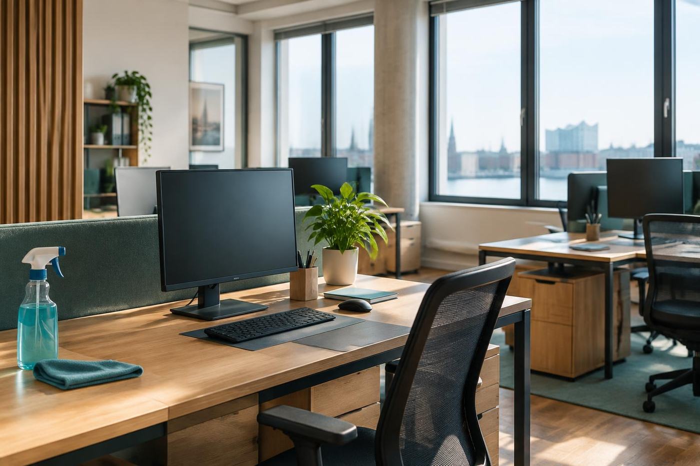 Büroreinigung: aufgeräumter, gereinigter Arbeitsplatz im Büro