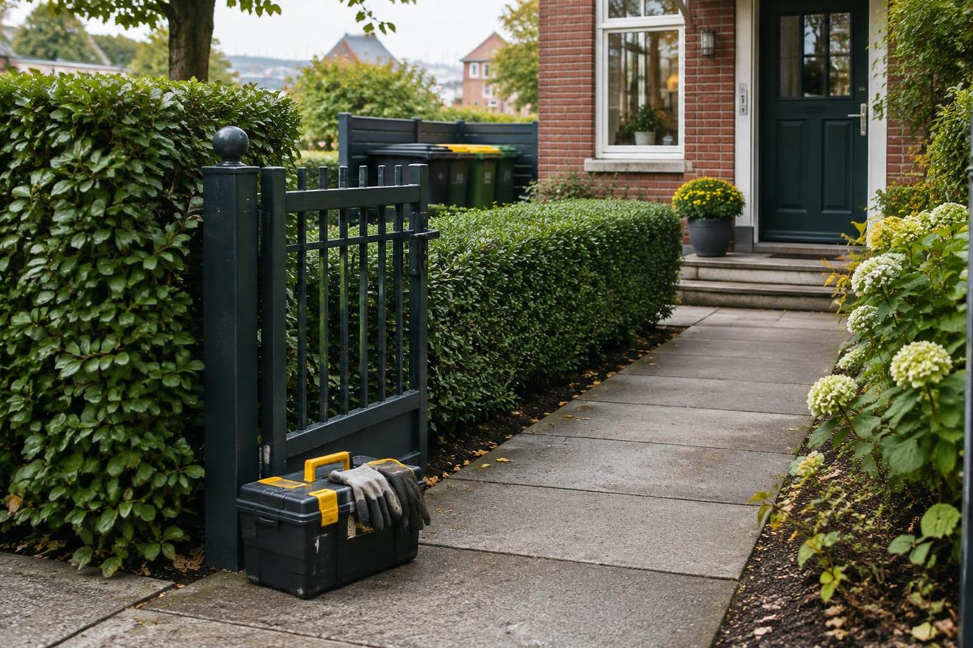 Hausmeisterservice: gepflegter Hauseingang mit Hecke und Werkzeugkoffer