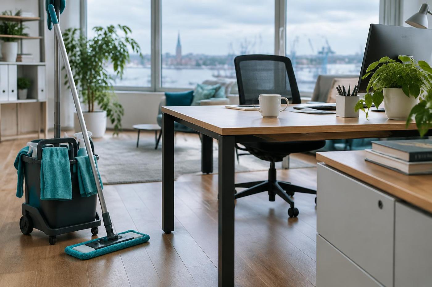Unterhaltsreinigung: Reinigungswagen und Wischmopp in einem hellen Büro
